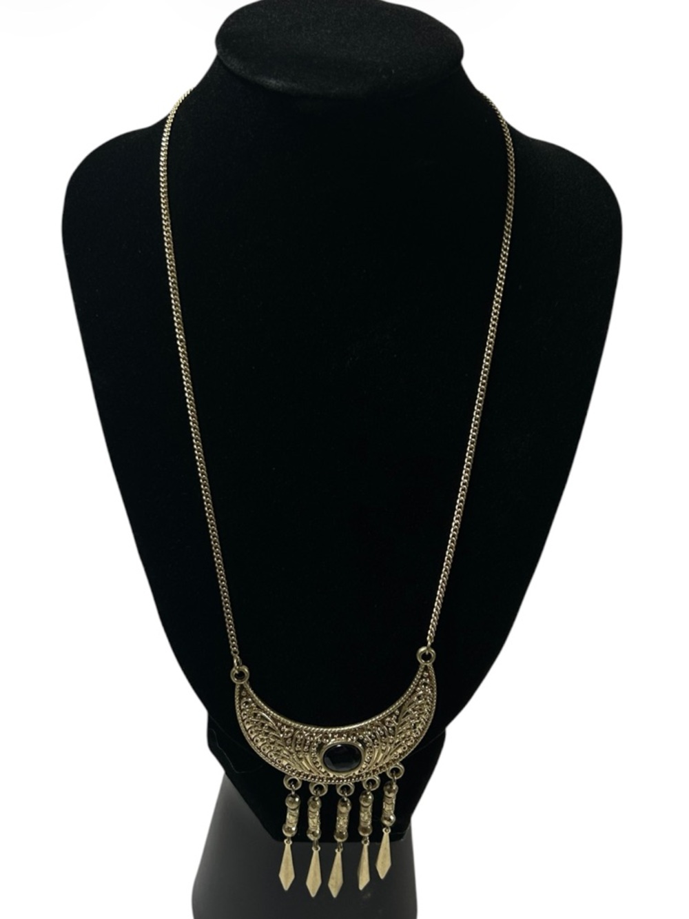 INC Gold Crescent Moon Statement Necklace Black Stone